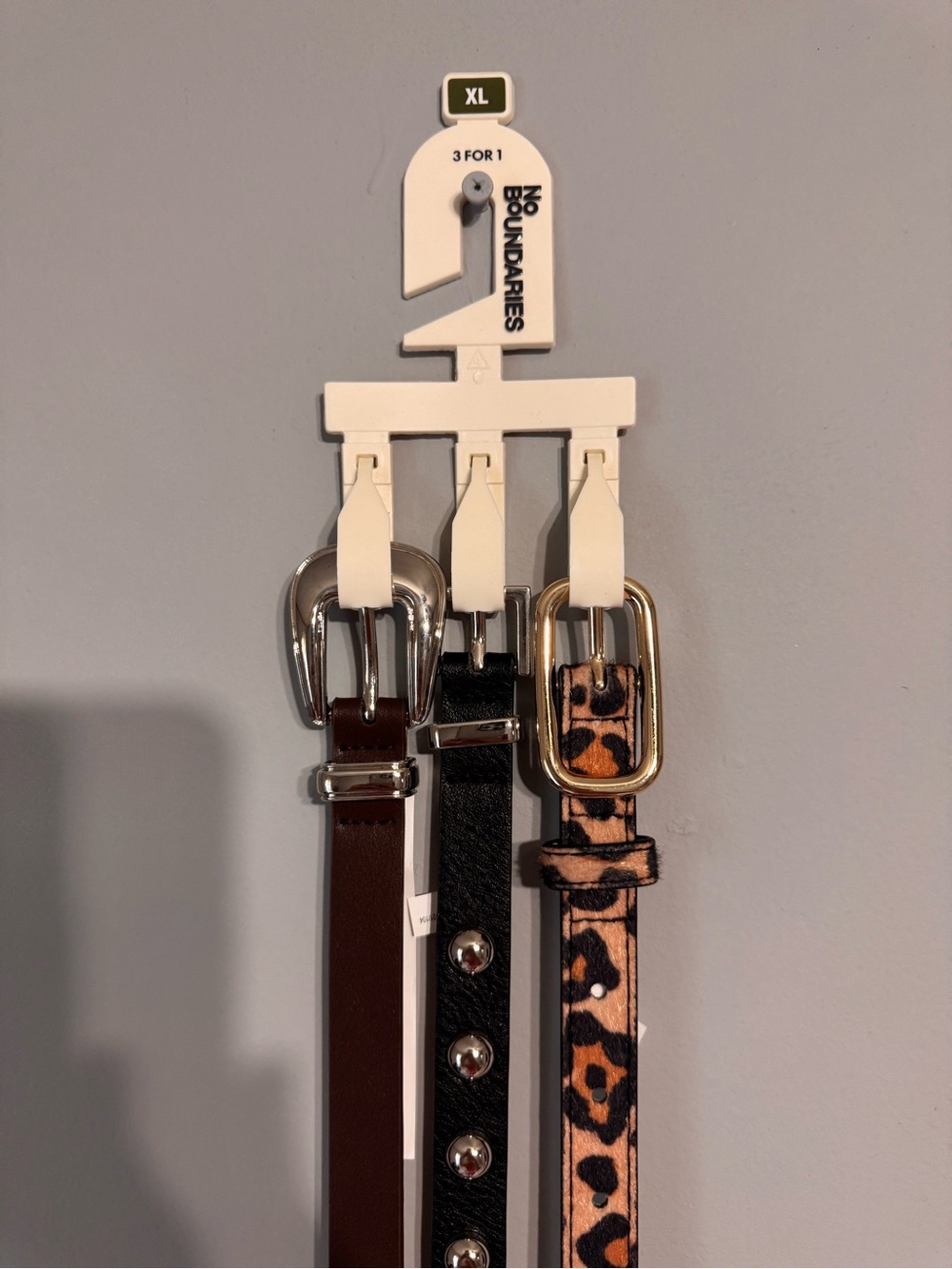 No Boundaries Women’s 3-Pack Belts — Brown, Black & Leopard